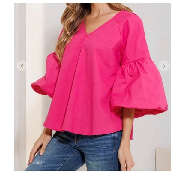 23 Boho Balloon Sleeve Baby Doll V-neck Solid Top - Picture 4 of 6